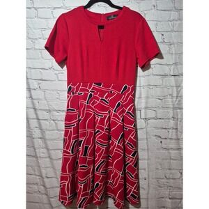 YATHON Red Geometric Print Pleated Fit & Flare Dress - Size‎ M. 264